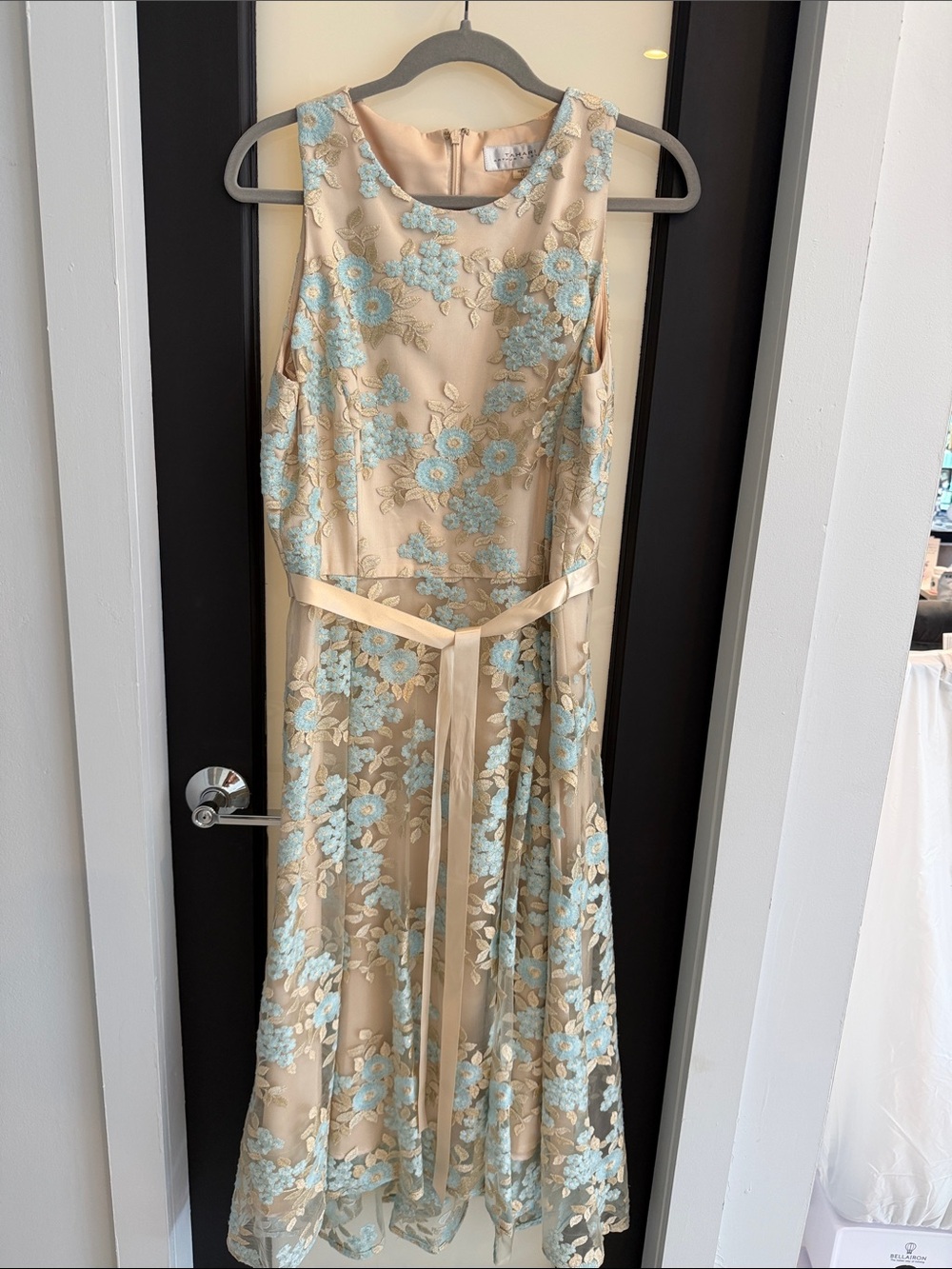 Beige and Light Blue Floral Maxi Dress with Satin Waist Tie